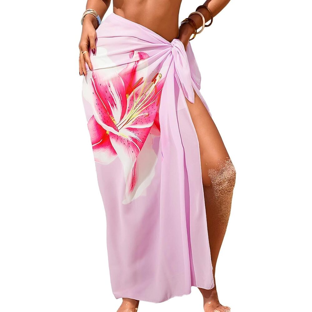 Women's Sheer Sarong Baby Pink Floral Print One Size Swimsuits Coverups